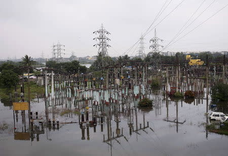 A view of a partially submerged power sub-station is seen in a flood-affected area in Chennai, India, December 3, 2015. REUTERS/Anindito Mukherjee