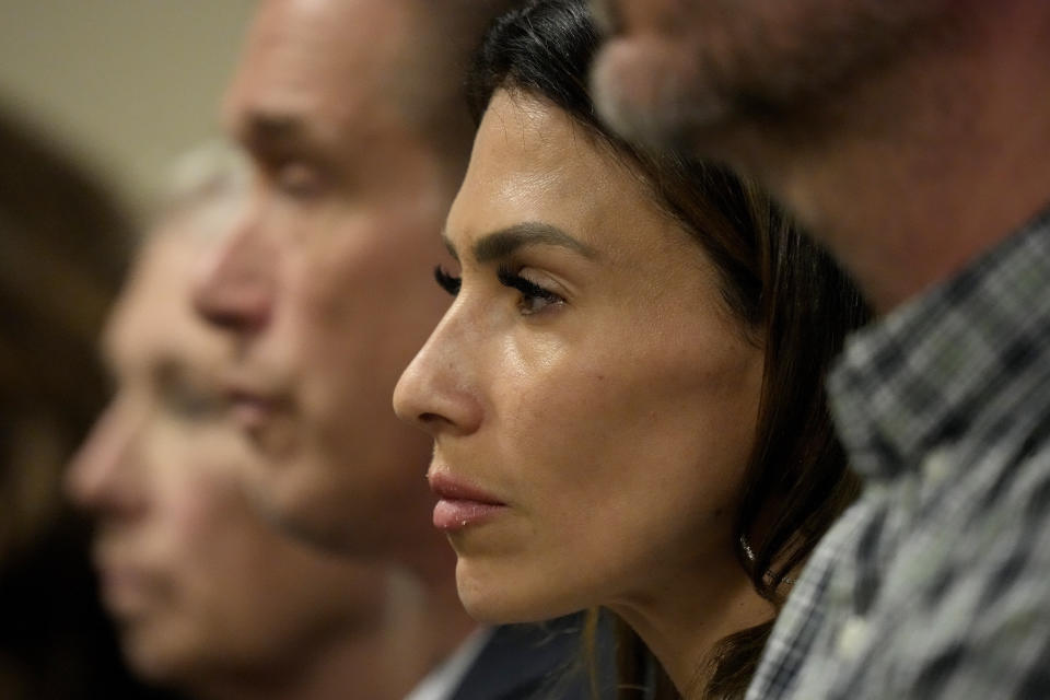 Hilaria Baldwin listens during her husband actor Alec Baldwin's hearing in Santa Fe County District Court, Wednesday, July 10, 2024, in Santa Fe, N.M. Baldwin is facing a single charge of involuntary manslaughter in the death of a cinematographer. (AP Photo/Ross D. Franklin, Pool)