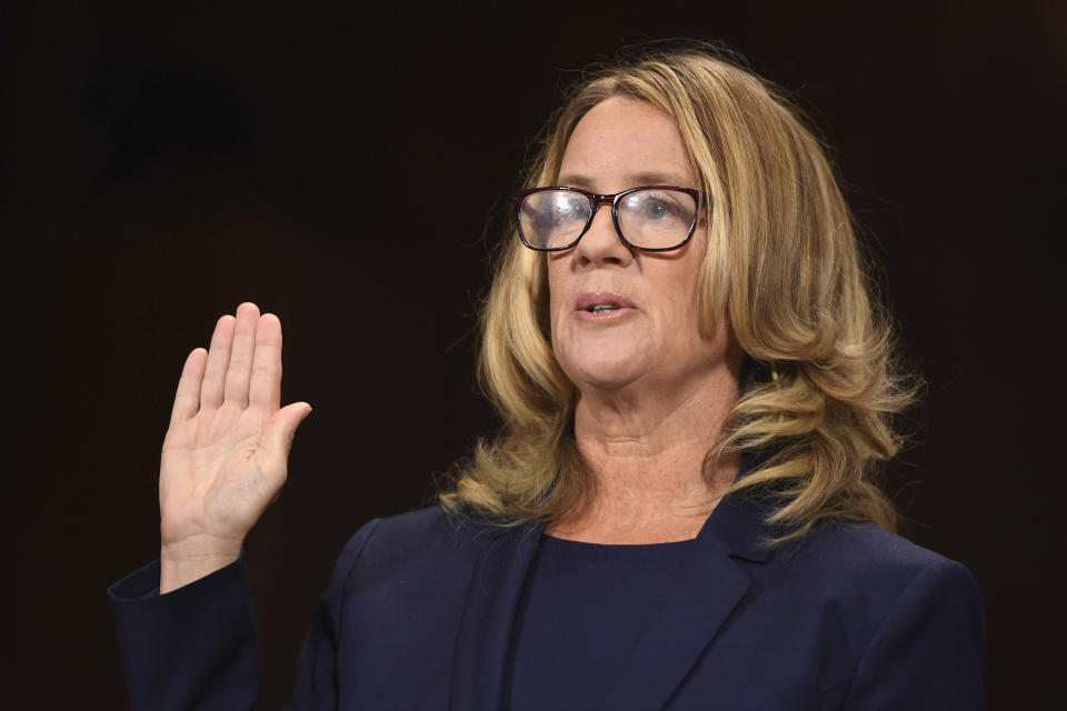 Christine Blasey Ford is sworn in before the Senate Judiciary Committee. (Photo: Saul Loeb/Pool/AP)