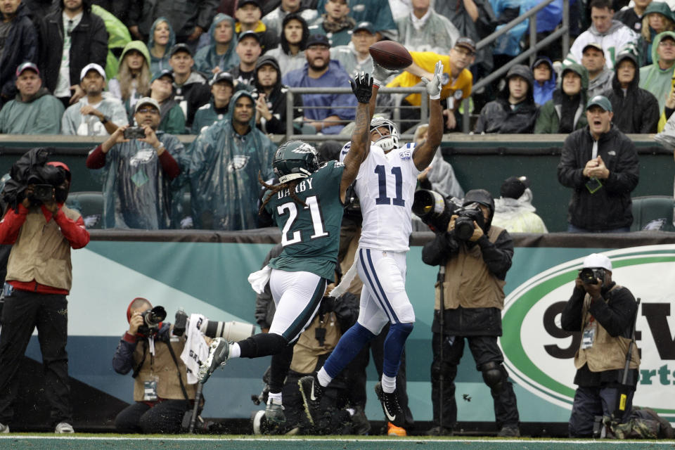 Indianapolis Colts' Ryan Grant (11) catches a touchdown pass against Philadelphia Eagles' Ronald Darby (21) during the first half of an NFL football game, Sunday, Sept. 23, 2018, in Philadelphia. (AP Photo/Chris Szagola)