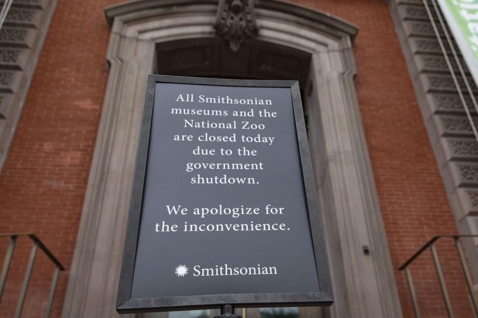 PHOTO: A sign announcing Smithsonian museums and the National Zoo are closed due to a partial government shutdown is displayed outside the Renwick Gallery in Washington, D.C., Jan. 12, 2019. (Alex Edelman/Bloomberg via Getty Images)