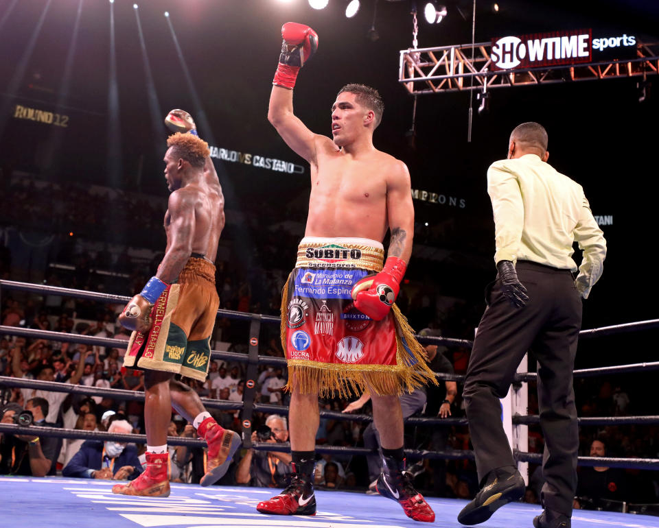 SAN ANTONIO, TX - JULY 17: Jermell Charlo (L) and Brian Castano (R) react after their Super Welterweight fight at AT&T Center on July 17, 2021 in San Antonio, Texas. The Jermell Charlo and Brian Castano fight ended in a split draw.  (Photo by Edward A. Ornelas/Getty Images)