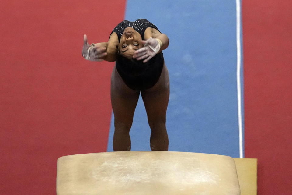 Gabby Douglas competes on the vault at the American Classic Saturday, April 27, 2024, in Katy, Texas. (AP Photo/David J. Phillip)