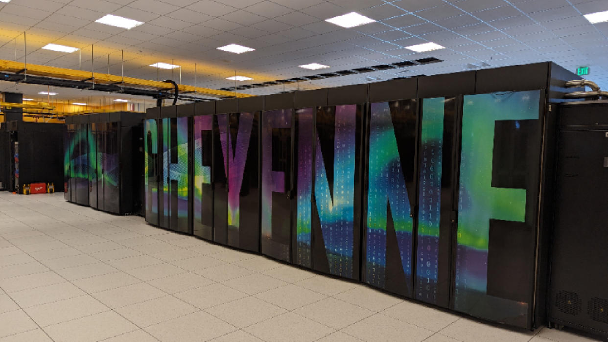  The decommissioned Cheyenne Supercomputer, emblazoned with a "Cheyenne" logo . 