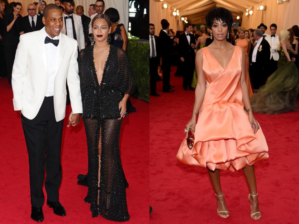 Split Image: (L) Beyoncé and Jay-Z at the 2014 Met Gala. (R) Solange at the 2014 Met Gala.