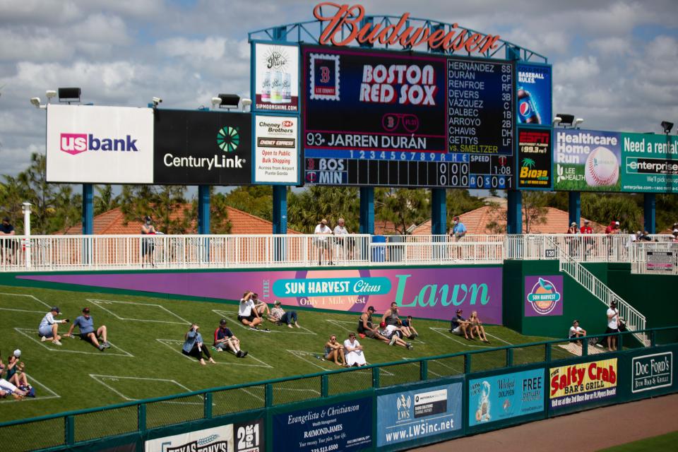 Fans are shown during the 2021 spring training opener for the Minnesota Twins at Hammond Stadium in Fort Myers. The naming rights for the sports complex itself between the Twins and CenturyLink concluded at the end of 2021, so it's now known as the Lee County Sports Complex until a new naming rights sponsor can be found by the club.