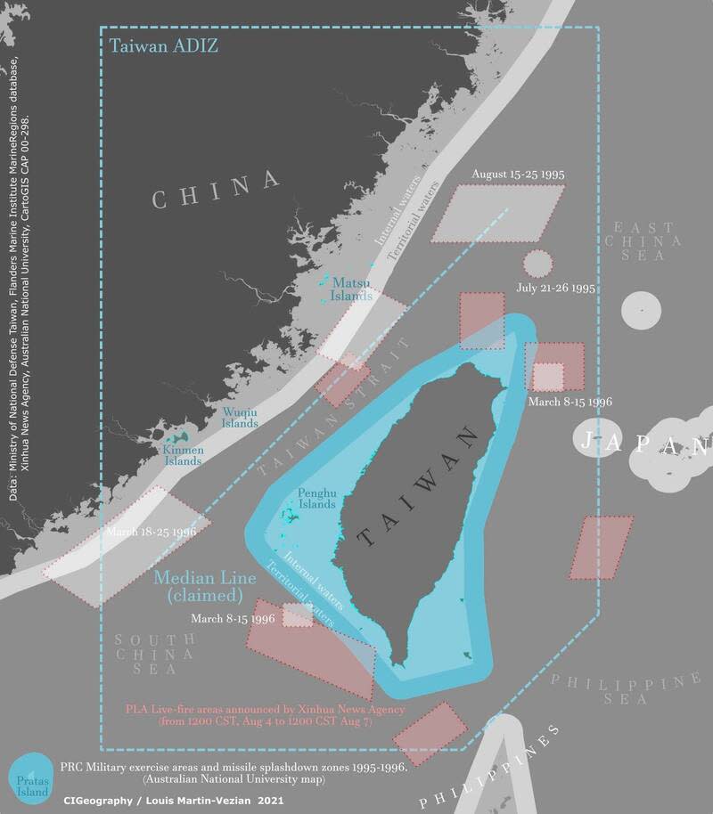 共軍將於4日12時至7日12時，在台灣周邊六點海域和空域進行軍事演訓行動。   圖:翻攝自推特