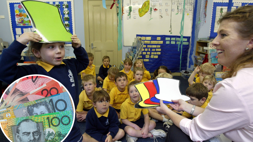 A composite image of kids in class from a private school in Sydney and Australian money to represent the rising cost of living,