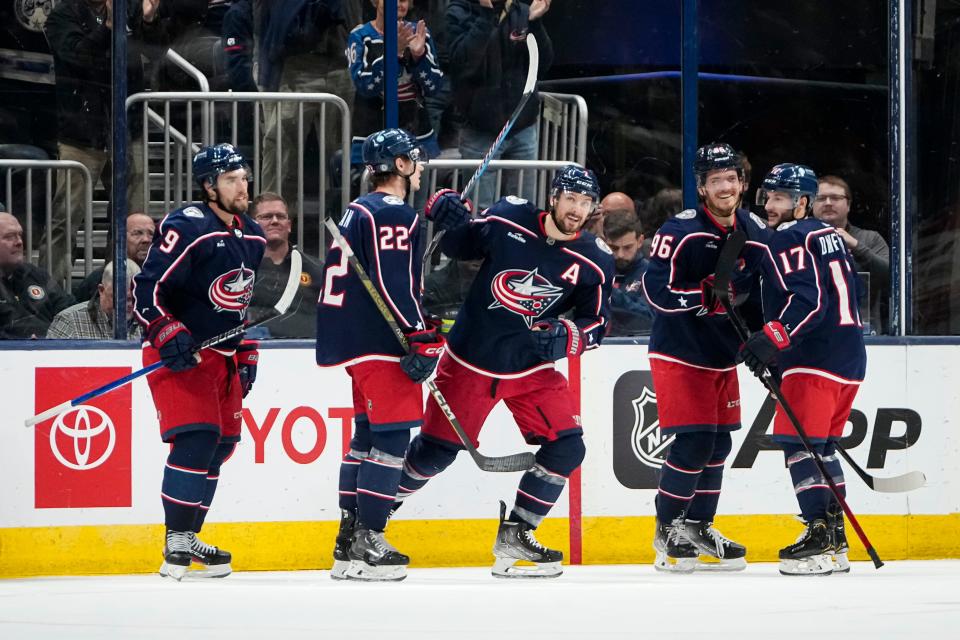 Oct 20, 2023; Columbus, Ohio, USA; Columbus Blue Jackets center Sean Kuraly (7) celebrates scoring a goal with teammates during the second period of the NHL hockey game against the Calgary Flames at Nationwide Arena.