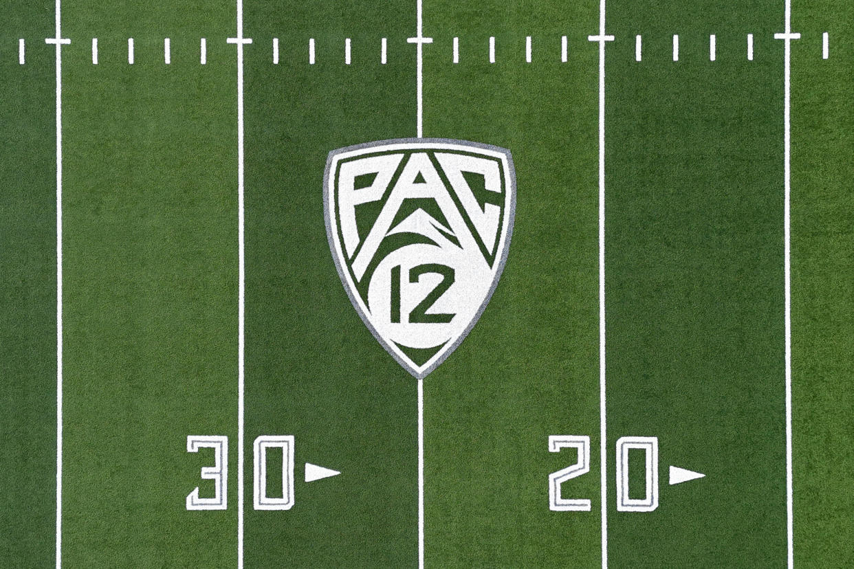 EUGENE, OREGON - MAY 23: The Pac-12 Conference logo on the Autzen Stadium football field on the campus of the University of Oregon on May 23, 2024 in Eugene, Oregon (Photo by Kirby Lee/Getty Images)