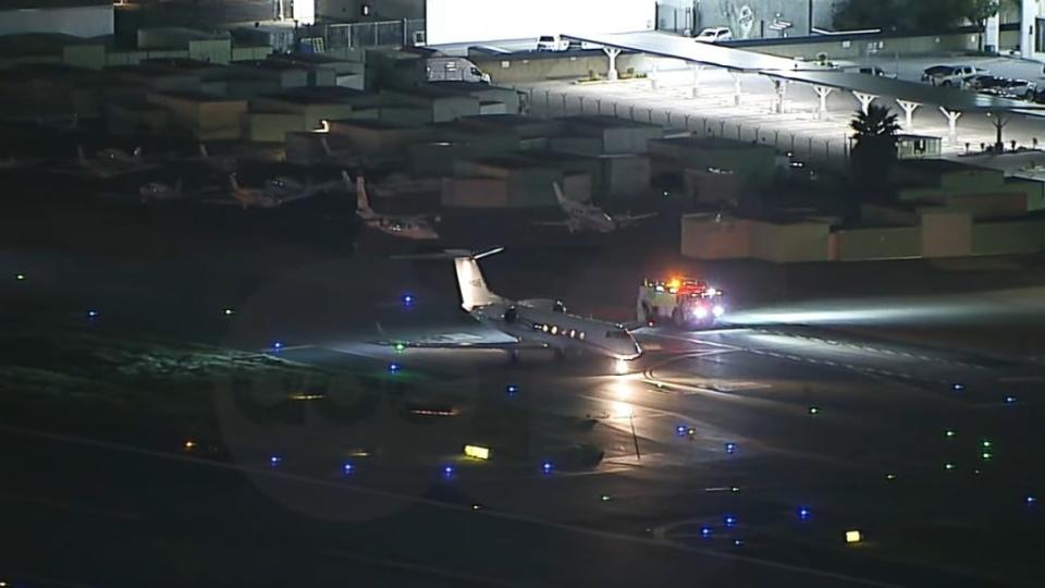 The private Gulfstream aircraft the plane made a “smooth” landing at Van Nuys Airport in Los Angeles at around 9 p.m. on Feb. 29, 2024. ABC7