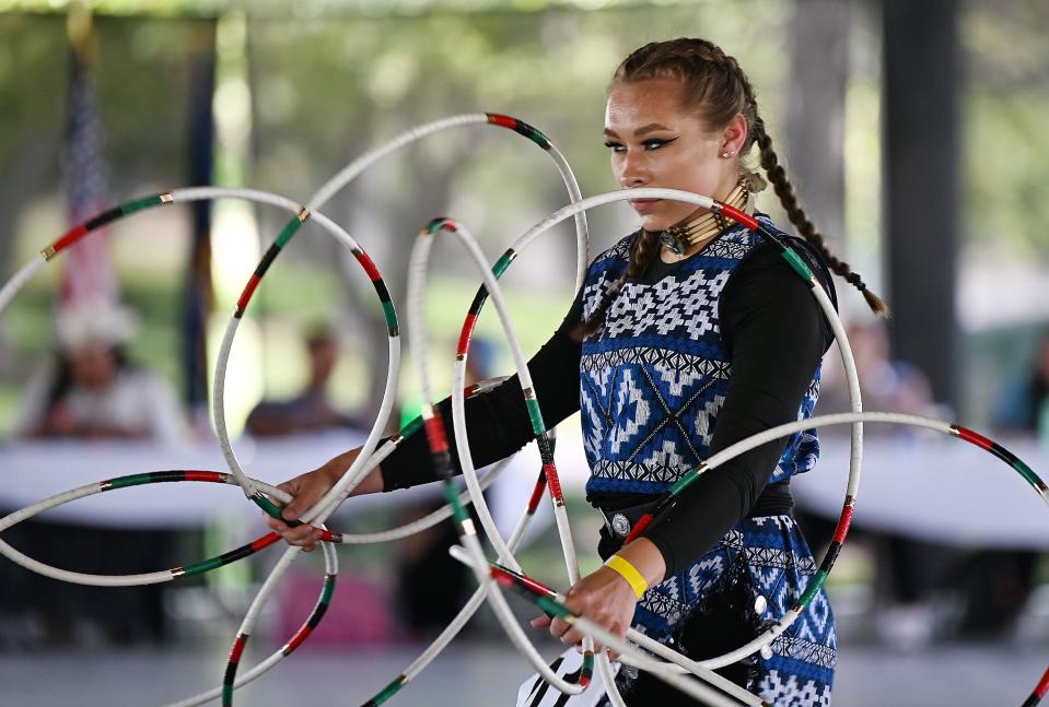 Hoop dancer Kelina Anderson of Spanish Fork performs at Utah Native Market Days at Thanksgiving Point in Lehi on Friday, Aug. 11, 2023. All proceeds are going to native student scholarships. There was hoop dancing, food and crafts. | Scott G Winterton, Deseret News