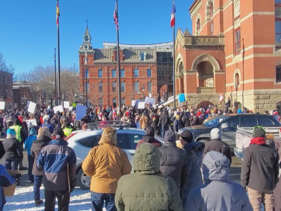 Police say about 400 people gathered outside of Fredericton city hall for a protest against COVID-19 restrictions on Saturday. Two arrests were made. (Shane Fowler/CBC - image credit)