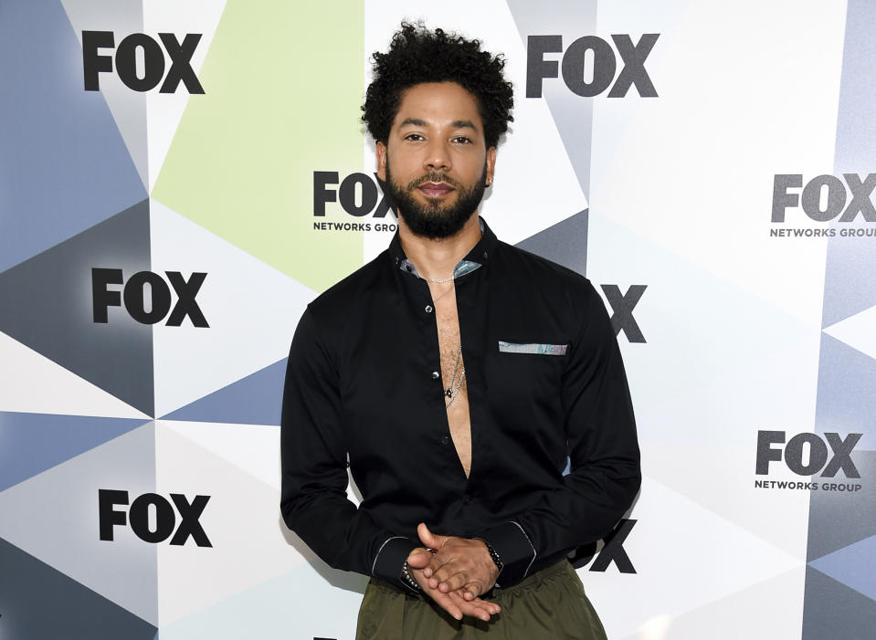 FILE - In this Monday, May 14, 2018 file photo, actor and singer Jussie Smollett attends the Fox Networks Group 2018 programming presentation after party at Wollman Rink in Central Park in New York. Smollett, who is black and gay, has said he was attacked by two masked men shouting racial and anti-gay slurs early Jan. 29, 2019. Chicago police said on Saturday, Feb. 16, "the trajectory of the investigation" into the reported attack on Smollett has shifted and they want to conduct another interview with the "Empire" actor. (Photo by Evan Agostini/Invision/AP, File)