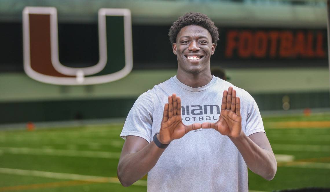 Miami Hurricanes tightend Jaleel Skinner (23) flashes the U at the Carol Soffer Indoor Practice Facility after practice at the University of Miami in Coral Gables, Florida on Thursday, April 14, 2022.