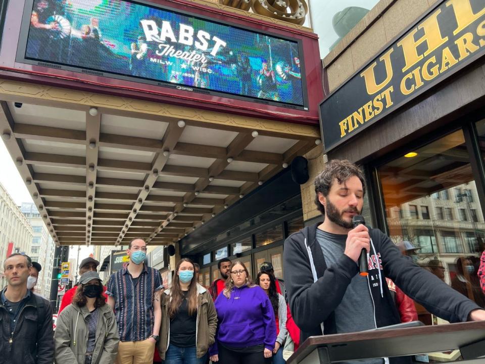 Pabst Theater Group employee Justin Otto speaks in front of the Riverside Theater in April about his co-workers fight to start a union. Pabst rejected the employees request to be recognized as a union and now the fight will go to the NLRB