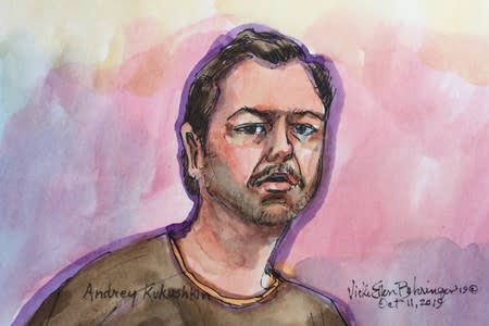 Ukrainian-born U.S. businessman Andrey Kukushkin is seen in a courtroom sketch as he appears in San Francisco Federal Court