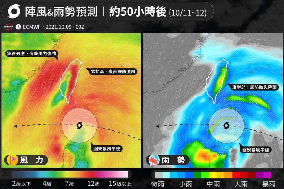 圓規颱風雖然暴風圈不登陸，但外圍的風雨強大，北部、東半部明後天仍會出現狂風暴雨。(翻攝自 台灣颱風論壇｜天氣特急FB)