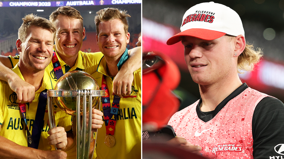 Aussie cricket fans have been left bewildered after young sensation Jake Fraser-McGurk (pictured right) and Steve Smith (pictured left) were left out of the World Cup T20 squad. (Getty Images)