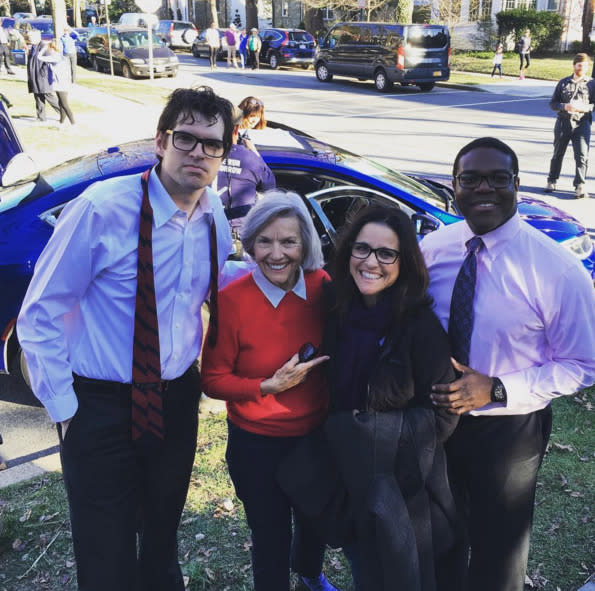 Julia Louis-Dreyfus, with her mom, Judith Bowles, and “Veep” co-stars Timothy Simons and Sam Richardson: “We are on location in DC shooting #Veep and lo and behold we found ourselves in my old neighborhood. This is where I used to wait for the school bus and this is my Mom. #worldscolliding @veephbo @timothycsimons @thesamrichardson” -@officialjld