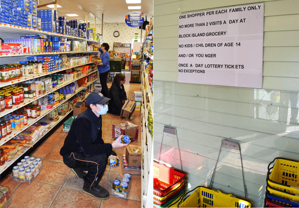 Workers stock shelves at Block Island's only year-round grocery store on March 26. Posted rules limit the number of visits per day. (Photo: Kari Curtis for HuffPost)