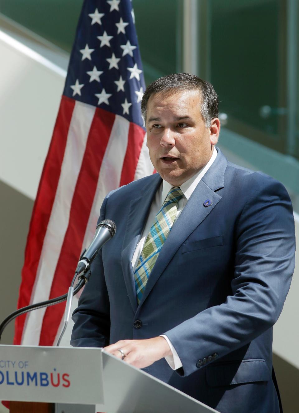 Columbus Mayor Andrew J. Ginther announced new safety initiatives as additional efforts to reduce crime in the atrium of the Public Safety Building on North Front Street in downtown Columbus, Ohio, on Thursday, July 22, 2021.