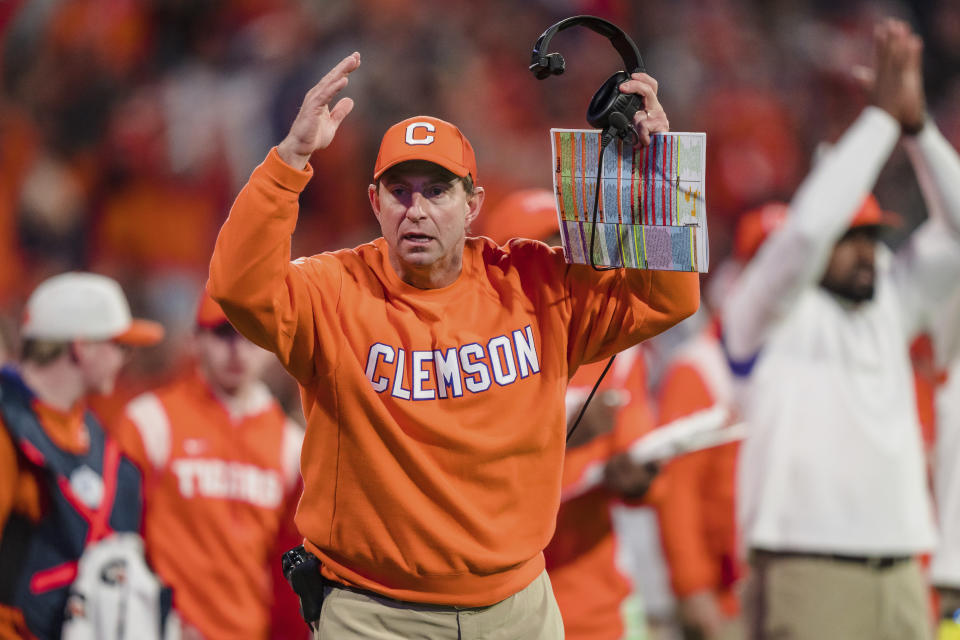 Clemson head coach Dabo Swinney reacts in the second half of an NCAA college football game against Miami on Saturday, Nov. 19, 2022, in Clemson, S.C. (AP Photo/Jacob Kupferman)