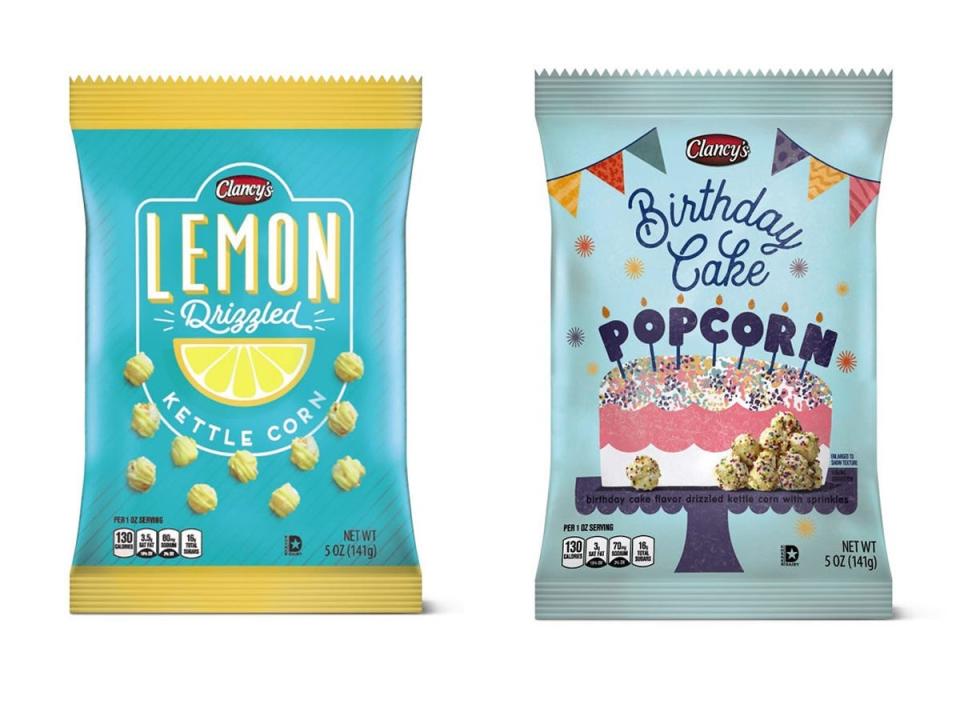 Aldi photos of bright blue bag of lemon kettle corn and bright blue bag of birthday-cake popcorn against white background