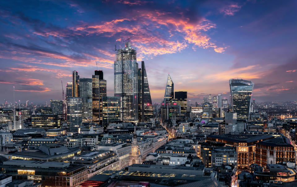 City of London, capital's financial district, just after sunset. Photo: Getty