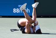 Mar 17, 2019; Indian Wells, CA, USA; Bianca Andreescu (CAN) reacts at match point as she defeats Angelique Kerber (not pictured) in the final match of the BNP Paribas Open at the Indian Wells Tennis Garden. Mandatory Credit: Jayne Kamin-Oncea-USA TODAY Sports