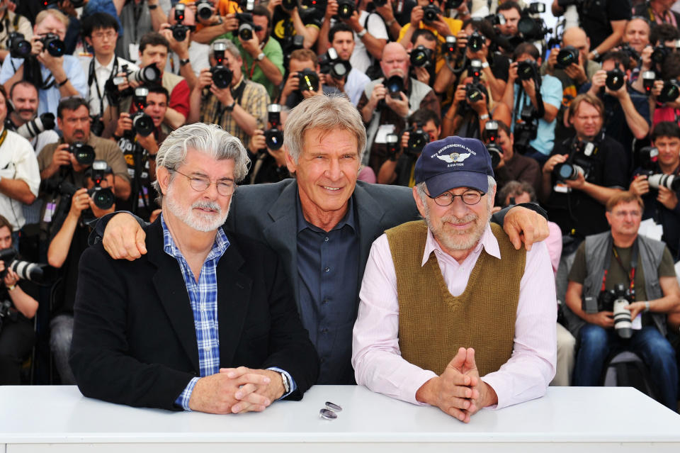 CANNES, FRANCE - MAY 18: (L-R)  Director/producer George Lucas, actor Harrison Ford and Director Steven Spielberg pose at the Indiana Jones and The Kingdom of The Crystal Skull - photocall at the Palais des Festivals during the 61st International Cannes Film Festival on May 18 , 2008 in Cannes, France.  (Photo by Pascal Le Segretain/Getty Images)