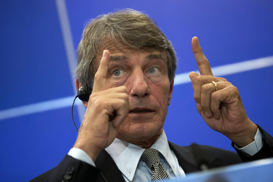 European Parliament President David Sassoli talks to journalists during a news conference at the European Parliament in Brussels, Thursday, Sept. 12, 2019. Sassoli says Prime Minister Boris Johnson's government has made no new proposals that would unblock Brexit talks and that talking about removing the so-called backstop from the divorce agreement is a waste of time. (AP Photo/Francisco Seco)