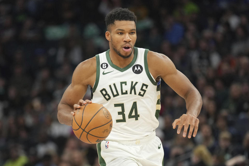 Milwaukee Bucks forward Giannis Antetokounmpo (34) works toward the basket during the first half of an NBA basketball game against the Minnesota Timberwolves, Friday, Nov. 4, 2022, in Minneapolis. (AP Photo/Abbie Parr)