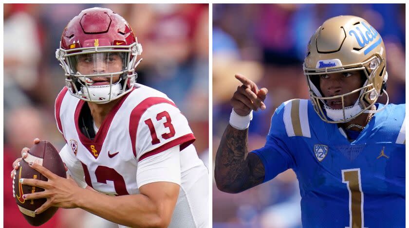 USC's Caleb Williams looks to pass in one image and UCLA's Dorian Thompson-Robinson points down field in another.