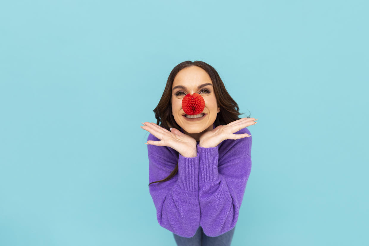 LONDON, UNITED KINGDOM - JANUARY 2023:   In this image released on February 1,2023, TV Personality, Vicky Pattison supports Red Nose Day 2023 by wearing the new Red Nose, which has been designed by Sir Jony Ive and is now available on Amazon, the new home of the Red Nose. Taken in London on the 18th January 2023. (Photo by Jake Turney/Comic Relief/Getty Images)