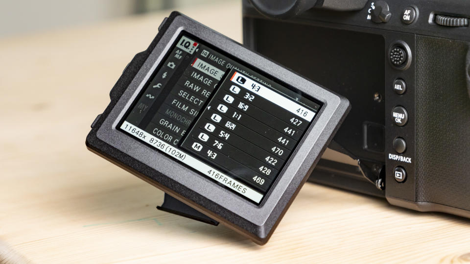 Close up of the Fujifilm GFX100 II's two-way tilt touchscreen