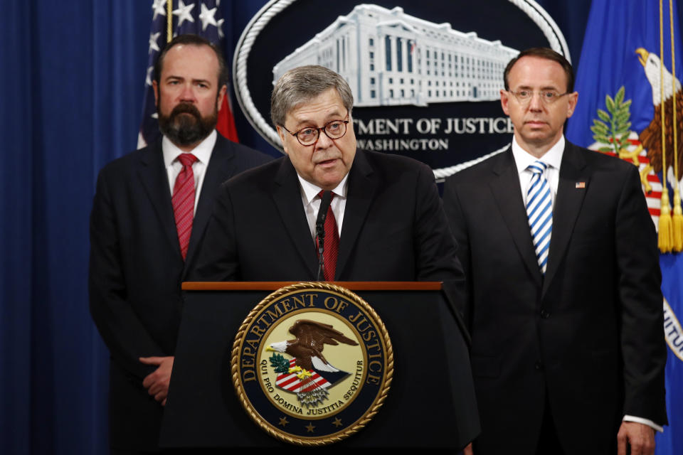 Attorney General William Barr speaks alongside Deputy Attorney General Rod Rosenstein (right) and Deputy Attorney General Ed O'Callaghan (left) about Mueller's report during a news conference on Thursday at the Department of Justice in Washington. (Photo: ASSOCIATED PRESS)