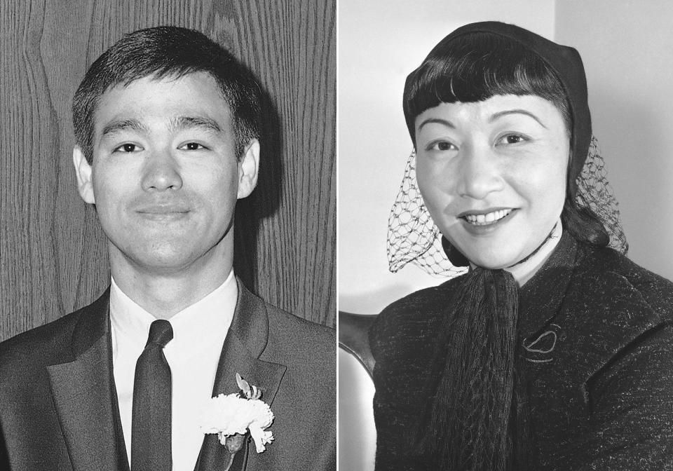 Bruce Lee, who plays Kato in “The Green Hornet,” appears on May 13, 1966 in Los Angeles, left, and Chinese-American actress Anna May Wong appears on Jan. 22, 1946. (AP Photo)