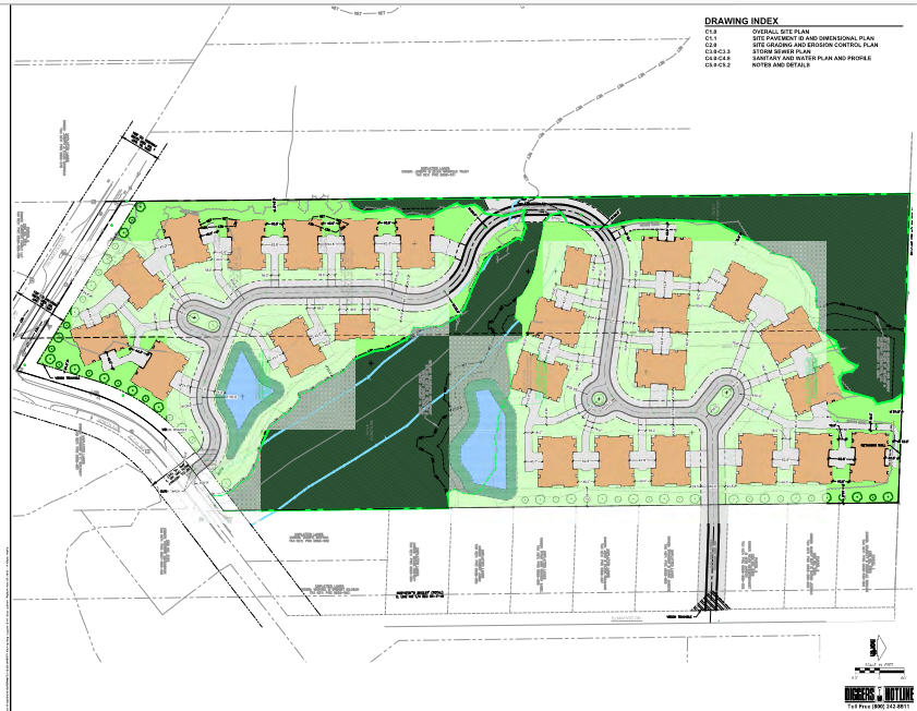 This site map shows the layout of the 25 condominium buildings along Watertown Road and North Avenue in Pewaukee. The development includes the preservation of conservation lands within its 32.6 acres.