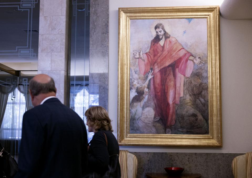 The original “Christ in a Red Robe” by Minerva Teichert hangs in the Relief Society building located on Temple Square in Salt Lake City on Wednesday, Aug. 23, 2023. | Laura Seitz, Deseret News