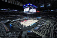 Maryland and Northwestern play at Bankers Life Fieldhouse during the first half of a women's NCAA college basketball semifinal game at the Big Ten Conference tournament, Friday, March 12, 2021, in Indianapolis. Bankers Life Fieldhouse is one of six venues hosting NCAA Tournament games later this week. (AP Photo/Darron Cummings)