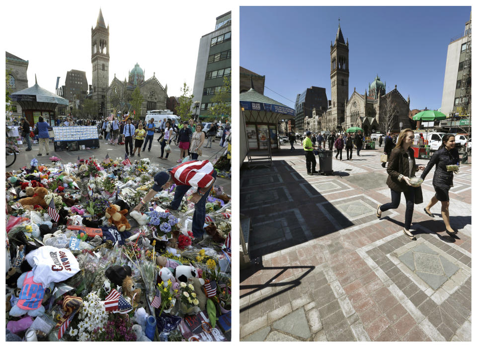 This combination of May 7, 2013 and April 10, 2014 photos shows Kevin Brown placing a Teddy bear at a makeshift memorial near the Boston Marathon finish line in Copley Square, and people walking through the same square at lunchtime nearly a year later in Boston. (AP Photo/Steven Senne)