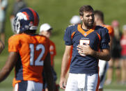 Denver Broncos quarterback Joe Flacco takes a break during a combined NFL training camp with the San Francisco 49ers Saturday, Aug. 17, 2019, at the Broncos' headquarters in Englewood, Colo. (AP Photo/David Zalubowski)