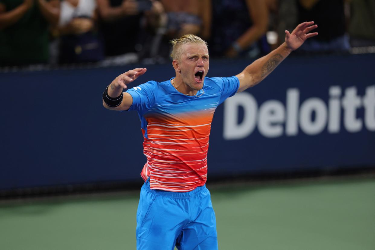 Alejandro Davidovich Fokina of Spain celebrates after defeating Marton Fucsovics of Hungary in their Men's Singles Second Round match on Day Three of the 2022 U.S. Open at USTA Billie Jean King National Tennis Center on Aug. 31, 2022, in Flushing, Queens.