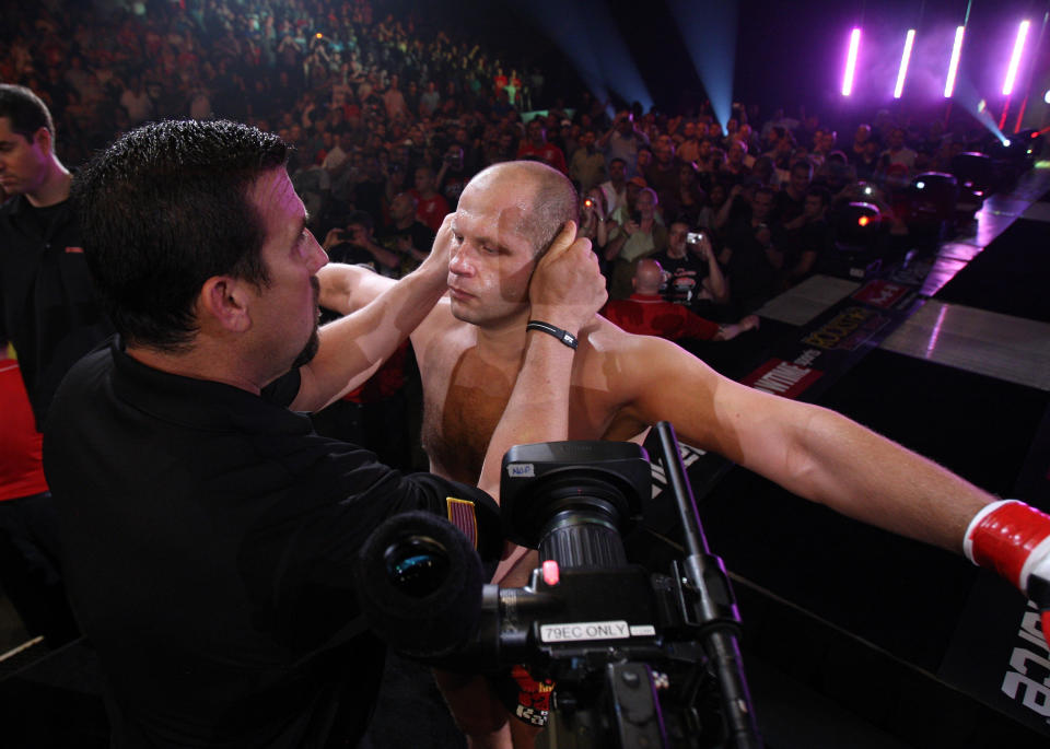 Fedor Emelianenko will face Chael Sonnen on Saturday at Bellator 208 in the second round of Bellator’s heavyweight grand prix tournament. (Getty Images)