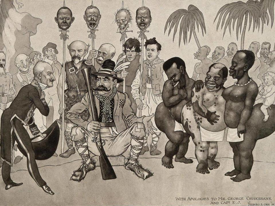 A racist caricature of European scientists visiting Africa. The severed head on the right is that of Ronald Ross (Welcome Collection)