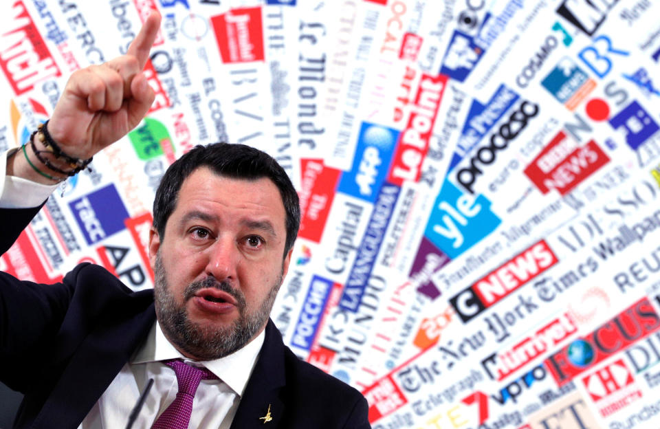 Matteo Salvini, leader of Italy's far-right Lega Party, gestures during a news conference in Rome on Feb. 13 after the Senate voted to remove his legal protection, opening the way for a trial over accusations he illegally detained migrants at sea last year. (Photo: Guglielmo Mangiapane / Reuters)