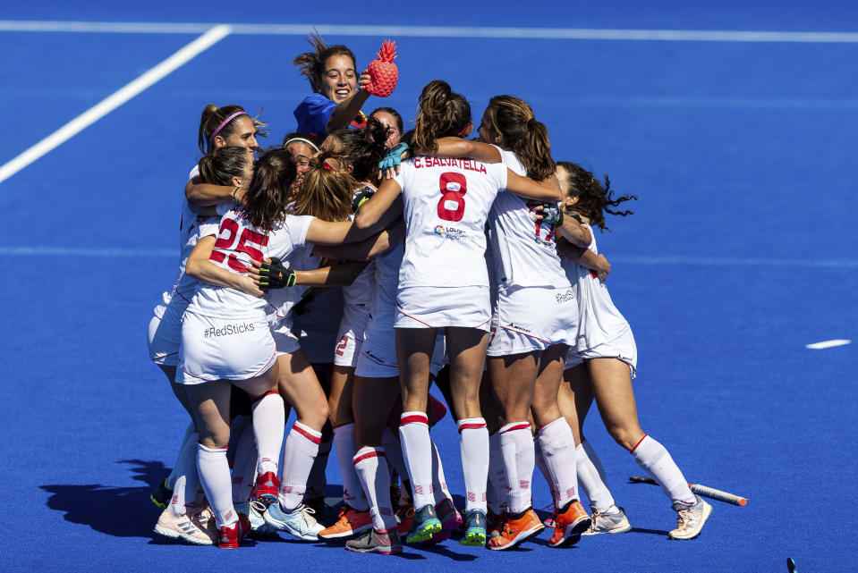 Spain celebrate at the end of the bronze medal match of the Women's Hockey World Cup between Spain and Australia at the Lee Valley Hockey and Tennis Centre in London, Sunday Aug. 5 2018. (Paul Harding/PA via AP)