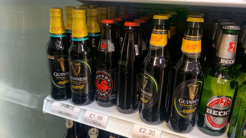 You can buy Guinness Foreign Extra Import -- on the left, with the blue ring -- in many London shops. Don't get it confused with Guinness Foreign Extra Stout, on the right. - Maureen O'Hare/CNN