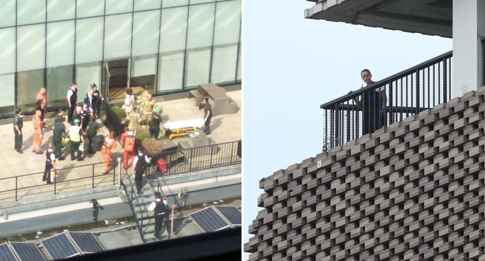 Emergency services on the scene at Tate Modern gallery, London, on Sunday. A boy, 6, was allegedly thrown from the 10th floor by another boy, 17. The child landed on the fifth floor roof. A police officer is also seen looking out from a balcony.